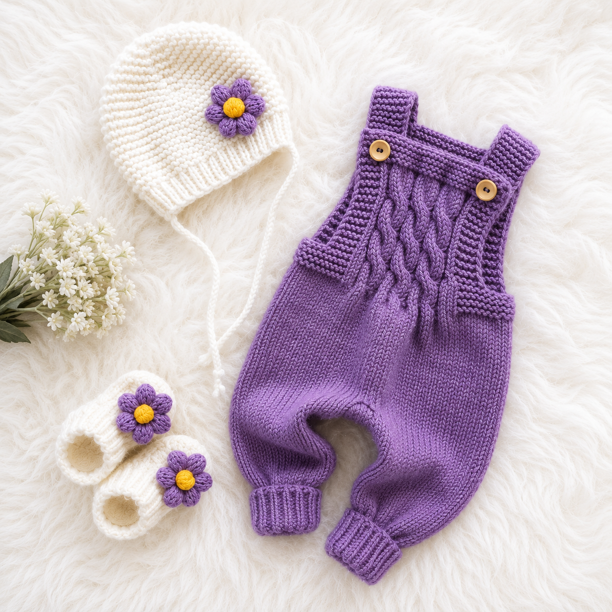 4 Piece Luxury Handmade Baby Crochet Flower Winter Set – Soft Woollen Cardigan, Romper, Cap & Baby Shoes 🌸🧶