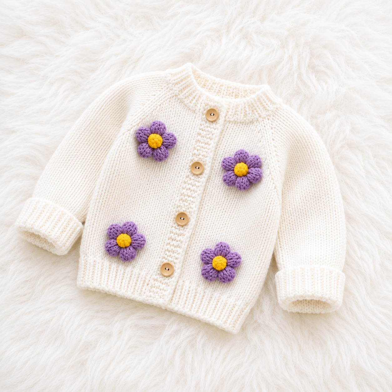 4 Piece Luxury Handmade Baby Crochet Flower Winter Set – Soft Woollen Cardigan, Romper, Cap & Baby Shoes 🌸🧶