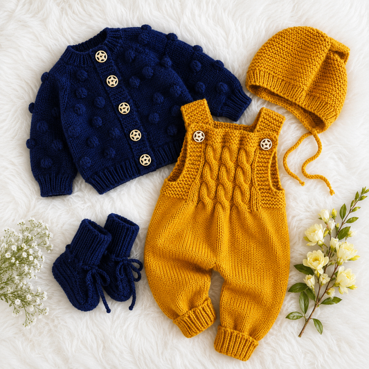 4 Pieces Luxury Handmade Baby Crochet Winter Set – Mustard Romper, Navy Cardigan, Cap & Shoes 🧶💛💙