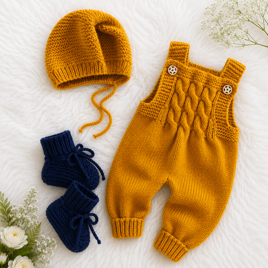 4 Pieces Luxury Handmade Baby Crochet Winter Set – Mustard Romper, Navy Cardigan, Cap & Shoes 🧶💛💙