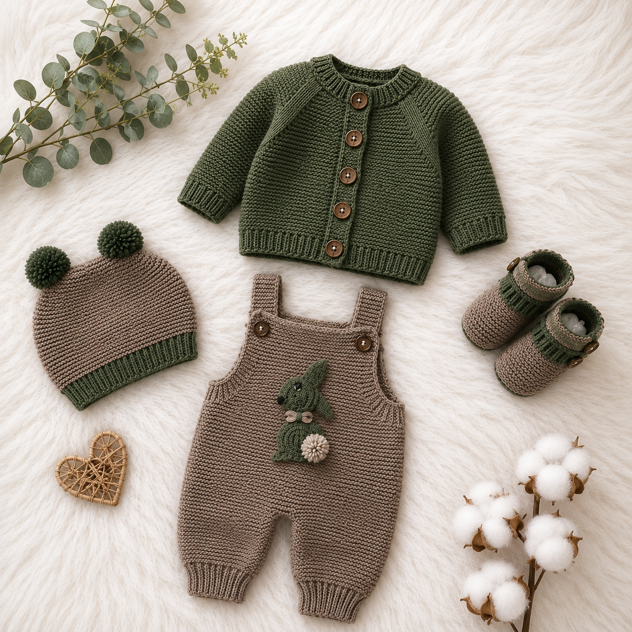 4 Pieces Elegant Handmade Baby Crochet Winter Outfit – Bunny Romper, Olive Cardigan, Cap & Booties 🧶🤎💚