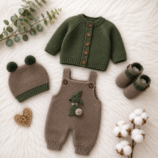4 Pieces Elegant Handmade Baby Crochet Winter Outfit – Bunny Romper, Olive Cardigan, Cap & Booties 🧶🤎💚