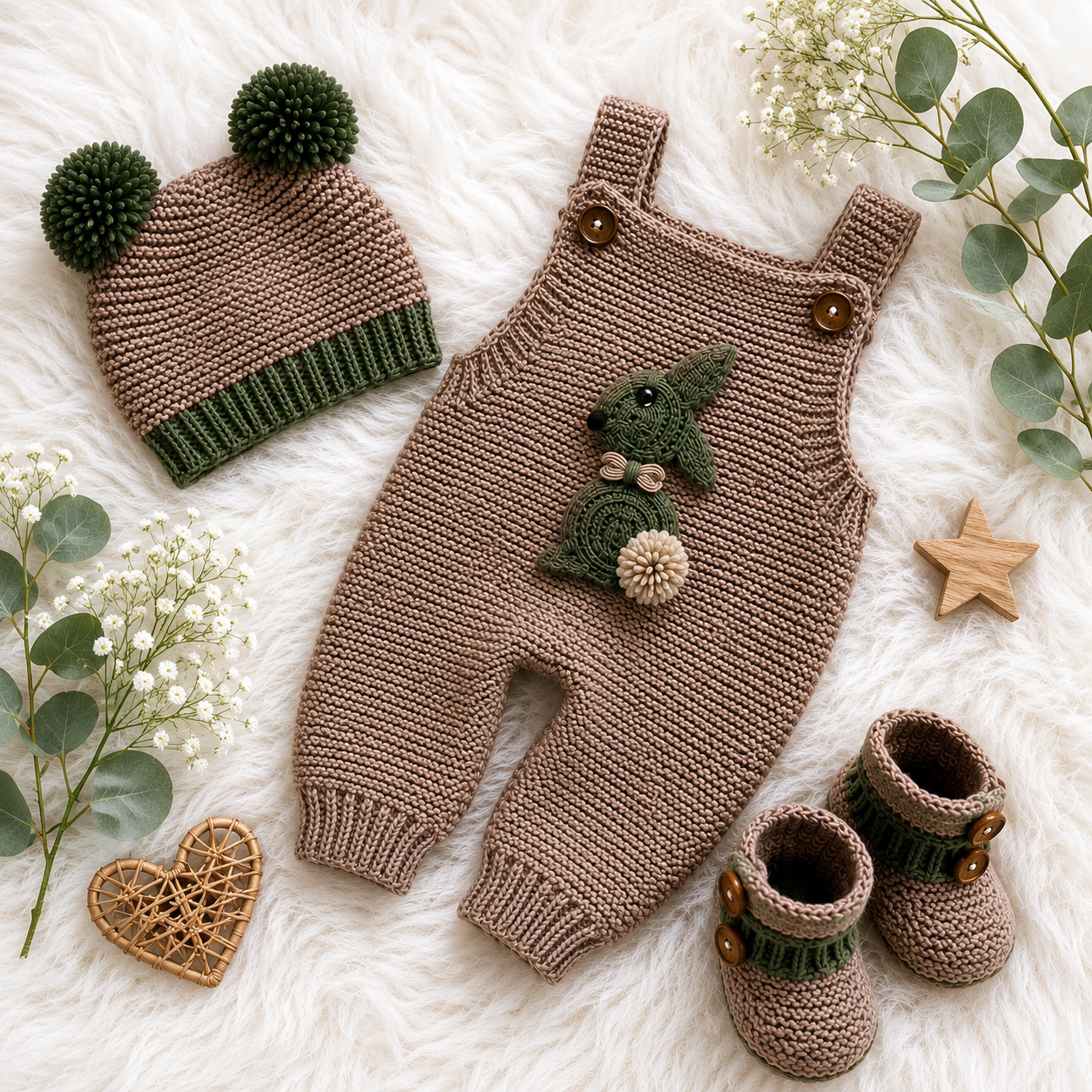 4 Pieces Elegant Handmade Baby Crochet Winter Outfit – Bunny Romper, Olive Cardigan, Cap & Booties 🧶🤎💚