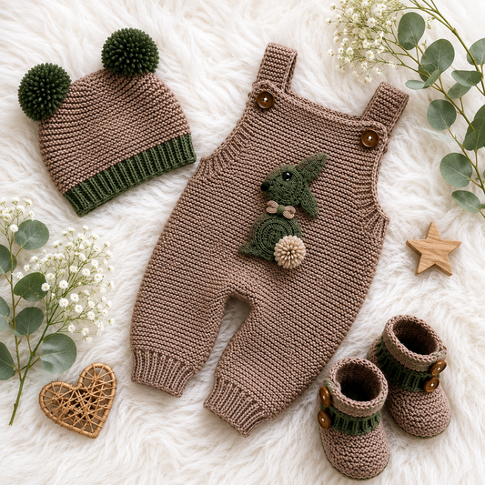 4 Pieces Elegant Handmade Baby Crochet Winter Outfit – Bunny Romper, Olive Cardigan, Cap & Booties 🧶🤎💚