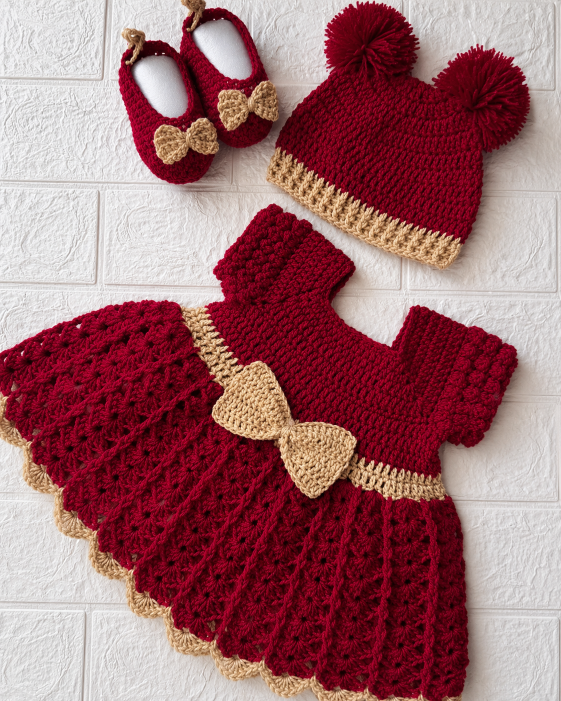 3 Piece Luxury Handmade Baby Crochet Frok Set – Maroon, Purple and Deep Green, Beige & Skin Tone 3 Piece Winter Outfit 🧶🤎💚