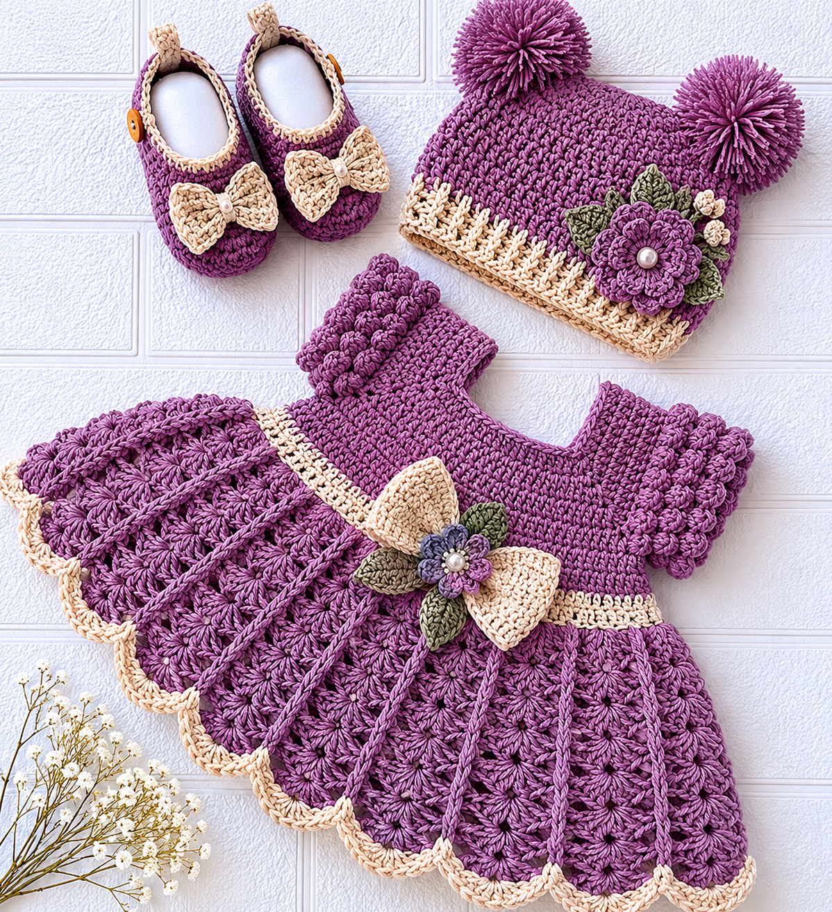 3 Piece Luxury Handmade Baby Crochet Frok Set – Maroon, Purple and Deep Green, Beige & Skin Tone 3 Piece Winter Outfit 🧶🤎💚
