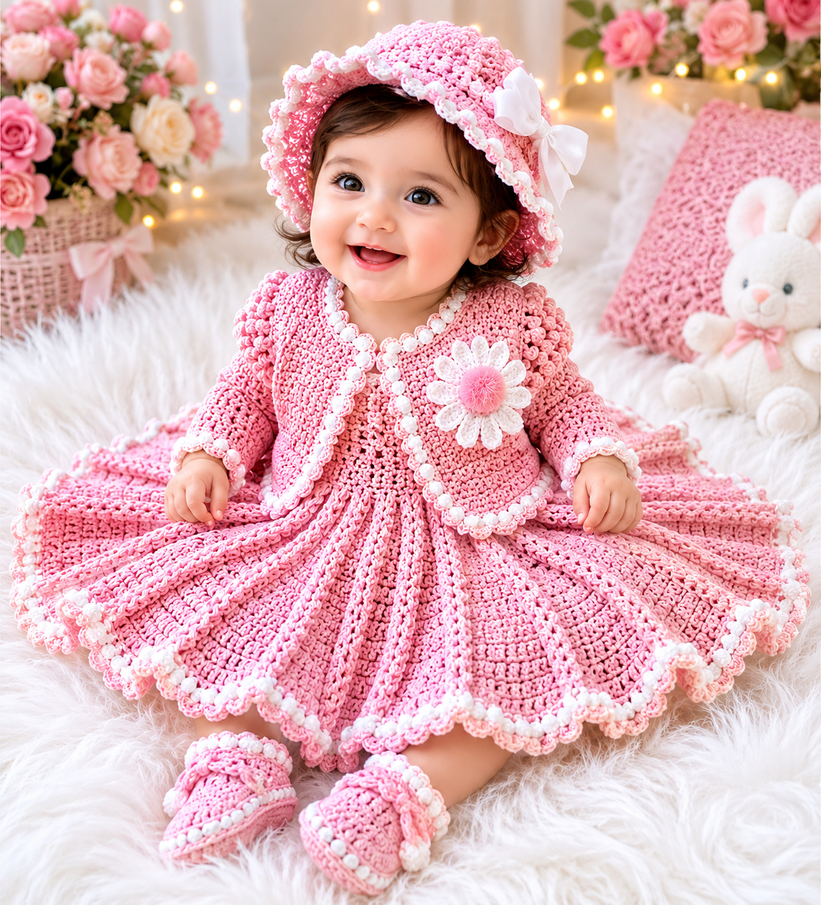 4 Piece Luxury Handmade Baby Girl Crochet Flare Frok Set – Soft Pink & White Princess Style Outfit with Frok, Cardigan, Hat & Shoes 🎀🧶