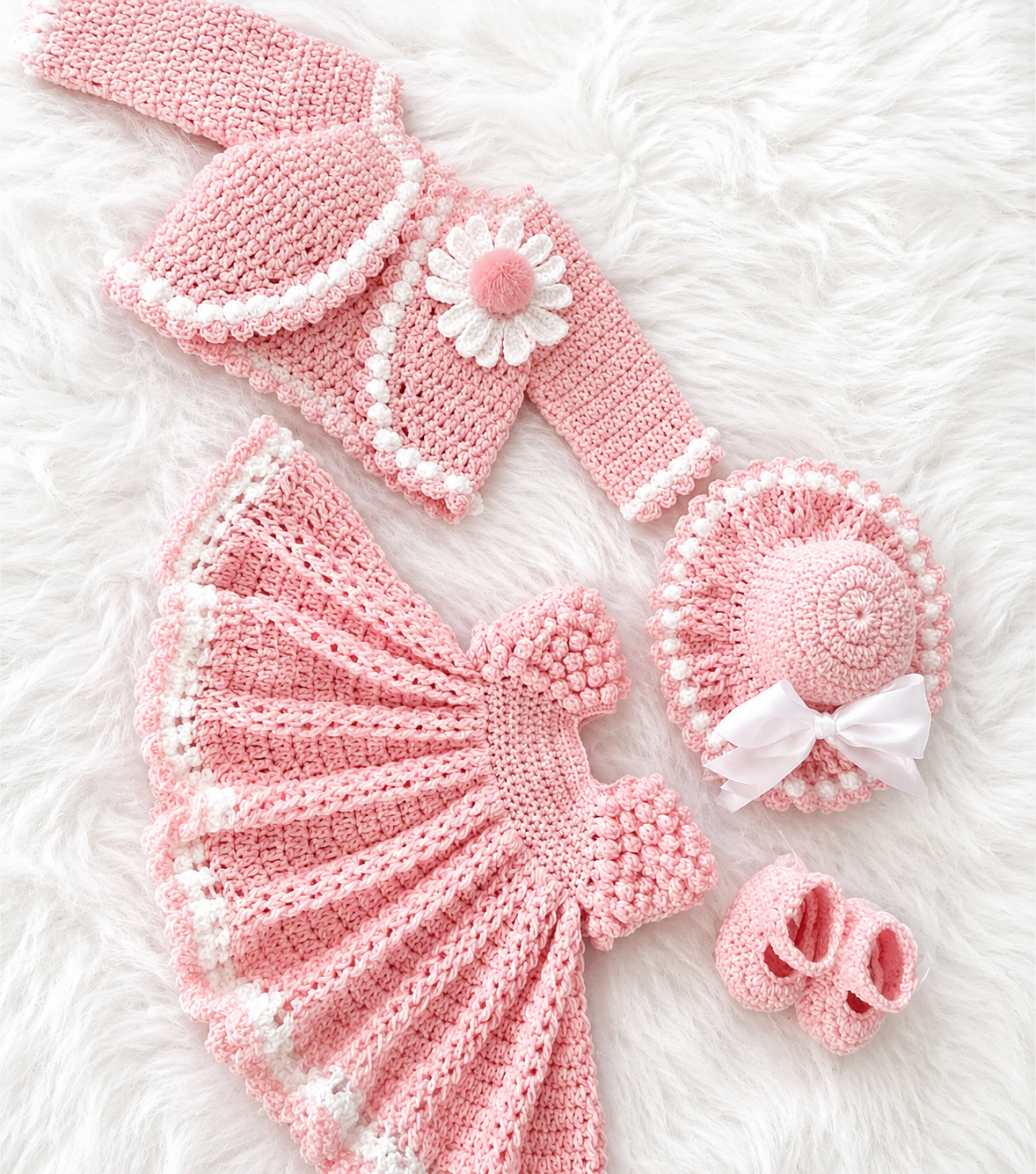 4 Piece Luxury Handmade Baby Girl Crochet Flare Frok Set – Soft Pink & White Princess Style Outfit with Frok, Cardigan, Hat & Shoes 🎀🧶