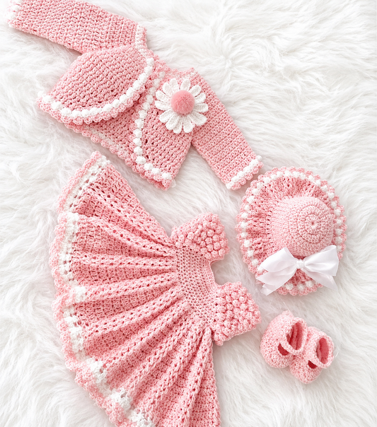 4 Piece Luxury Handmade Baby Girl Crochet Flare Frok Set – Soft Pink & White Princess Style Outfit with Frok, Cardigan, Hat & Shoes 🎀🧶