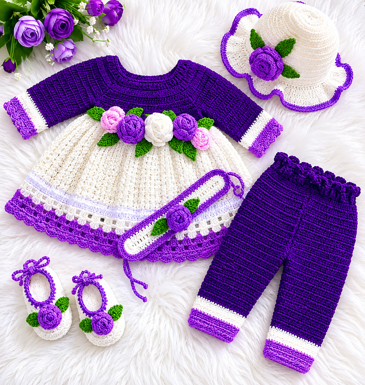 5 Piece Luxury Handmade Baby Girl Crochet Frok Set – Purple & White Floral Frok, Trouser, Hat, Shoes & Hairband🎀🧶💜