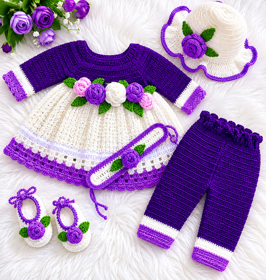 5 Piece Luxury Handmade Baby Girl Crochet Frok Set – Purple & White Floral Frok, Trouser, Hat, Shoes & Hairband🎀🧶💜