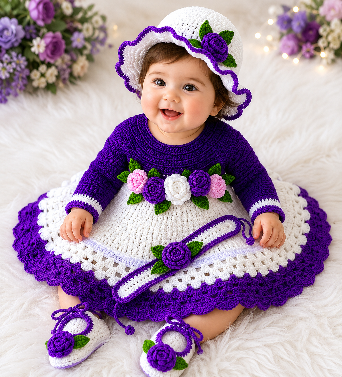 5 Piece Luxury Handmade Baby Girl Crochet Frok Set – Purple & White Floral Frok, Trouser, Hat, Shoes & Hairband🎀🧶💜