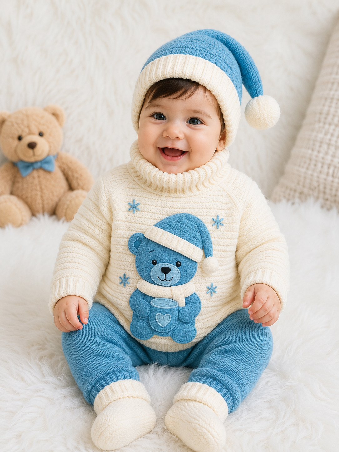Luxury 4 Piece Baby Winter Knitwear Set – Teddy Bear Sweater, Trouser, Pom Pom Hat & Booties | Sku Blue & White, Brown & Green Collection 🧸❄️💚🤎