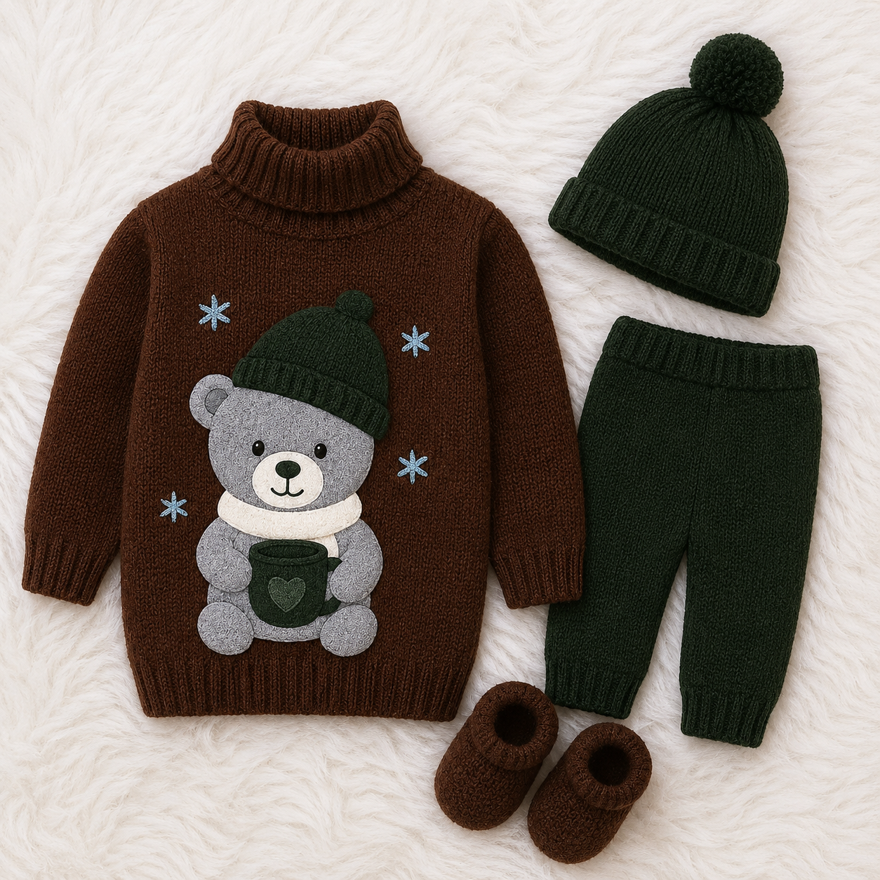 Luxury 4 Piece Baby Winter Knitwear Set – Teddy Bear Sweater, Trouser, Pom Pom Hat & Booties | Sku Blue & White, Brown & Green Collection 🧸❄️💚🤎