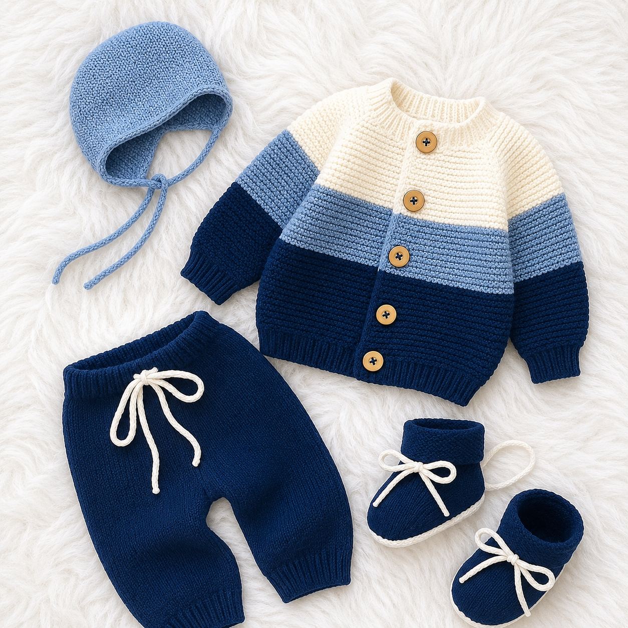 4 Piece Handmade Baby Winter Outfit Set – Blue & White Knit Sweater, Trouser, Bonnet Cap & Matching Booties 💙👶❄️