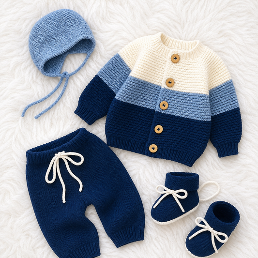 4 Piece Handmade Baby Winter Outfit Set – Blue & White Knit Sweater, Trouser, Bonnet Cap & Matching Booties 💙👶❄️