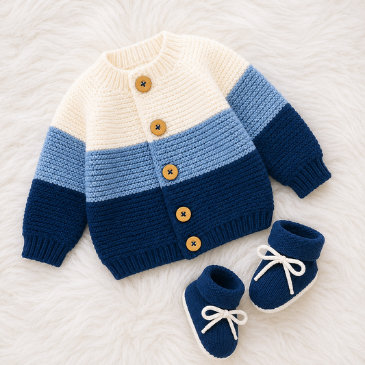 4 Piece Handmade Baby Winter Outfit Set – Blue & White Knit Sweater, Trouser, Bonnet Cap & Matching Booties 💙👶❄️