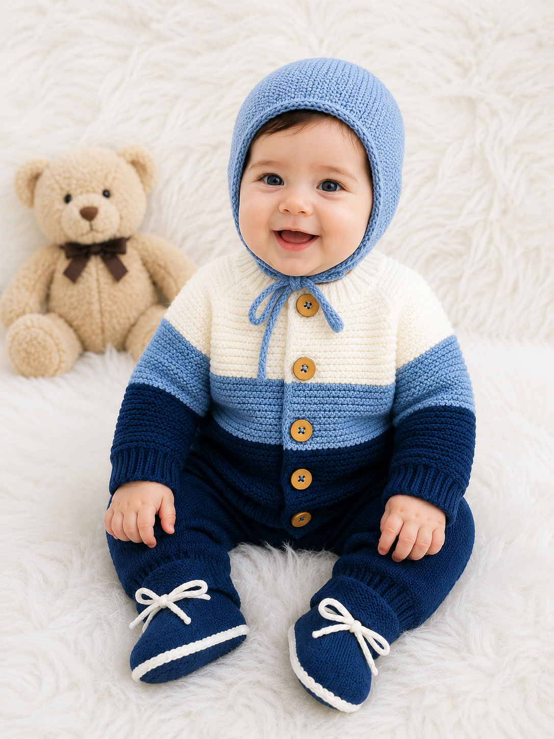 4 Piece Handmade Baby Winter Outfit Set – Blue & White Knit Sweater, Trouser, Bonnet Cap & Matching Booties 💙👶❄️