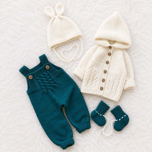 🌟 Luxury 4 Piece Baby Winter Knitwear Set – Knit Romper, Hooded Cardigan, Bunny Ear Cap & Matching Booties | Zinc Green & Fresh Red Collection 👶🧶❄️❤️💚