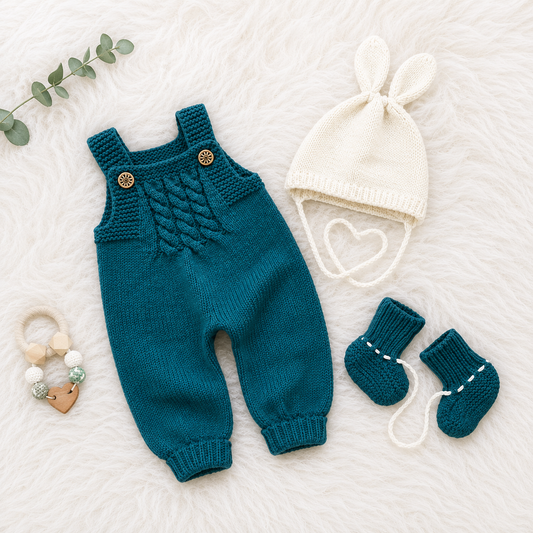 🌟 Luxury 4 Piece Baby Winter Knitwear Set – Knit Romper, Hooded Cardigan, Bunny Ear Cap & Matching Booties | Zinc Green & Fresh Red Collection 👶🧶❄️❤️💚