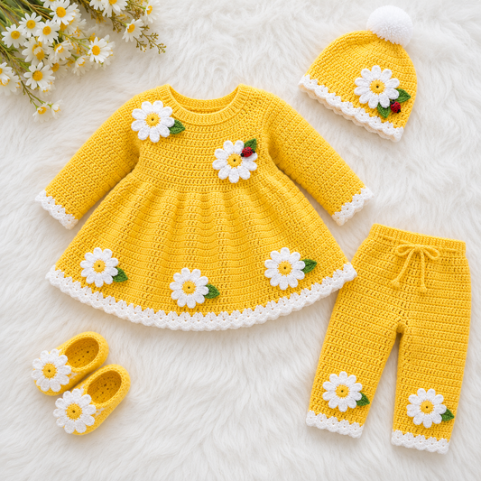 4 Piece Handmade Baby Girl Crochet Frok Set – Full Sleeves Frock, Trouser, Cap & Shoes – Daisy Yellow