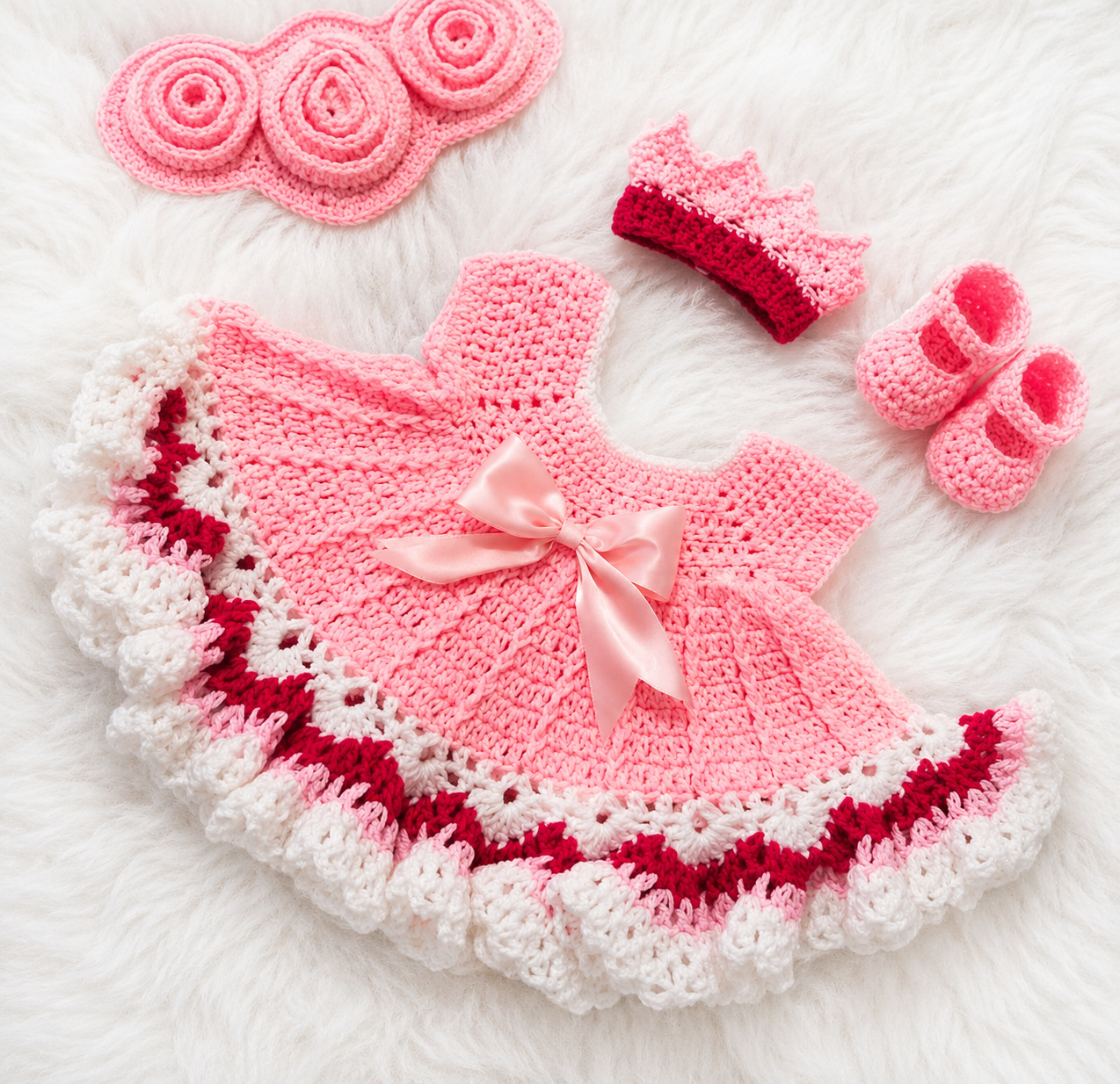 3 Piece Handmade Baby Girl Crochet Fairy Frock Set – Pink Ruffle Dress, Crown Headband & Matching Shoes 💕🧶👶