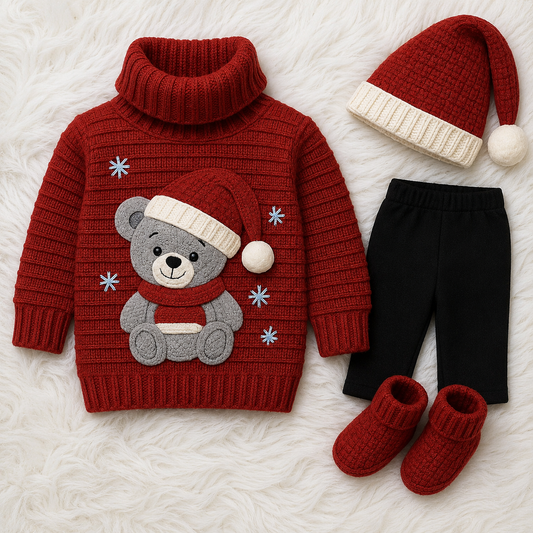 🧸 4 Piece Handmade Baby Winter Knit Set – Teddy Bear Sweater, Trouser, Pom Pom Cap & Matching Booties | Available in Black & Red and Brown & Off White Combos 🧶❄️