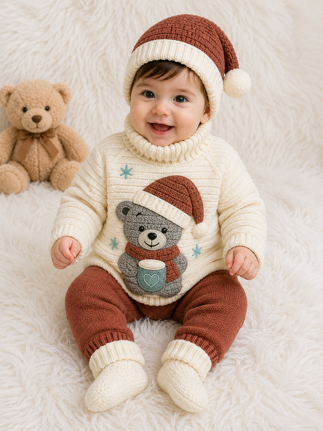 🧸 4 Piece Handmade Baby Winter Knit Set – Teddy Bear Sweater, Trouser, Pom Pom Cap & Matching Booties | Available in Black & Red and Brown & Off White Combos 🧶❄️