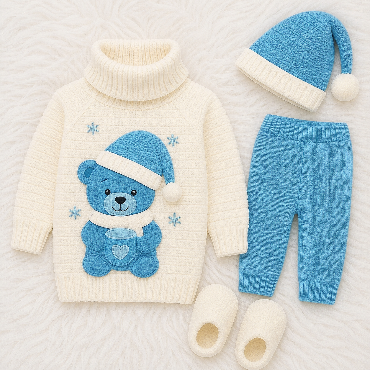 Luxury 4 Piece Baby Winter Knitwear Set – Teddy Bear Sweater, Trouser, Pom Pom Hat & Booties | Sku Blue & White, Brown & Green Collection 🧸❄️💚🤎