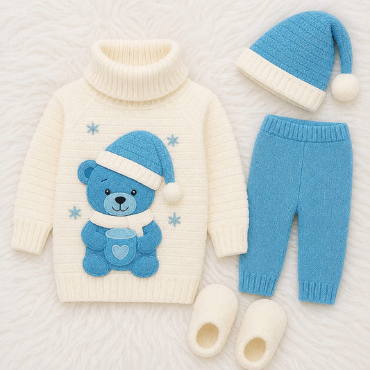 Luxury 4 Piece Baby Winter Knitwear Set – Teddy Bear Sweater, Trouser, Pom Pom Hat & Booties | Sku Blue & White, Brown & Green Collection 🧸❄️💚🤎