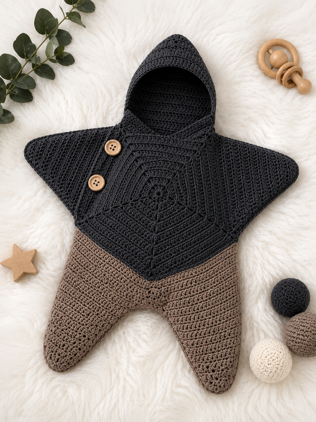 Luxury Handmade Crochet Star Baby Cocoon with Hood – Cozy Newborn Swaddle Sleep Sack | Available in Pink & Sage Green, Beige & Navy & Charcoal Black & Mocha Brown ✨