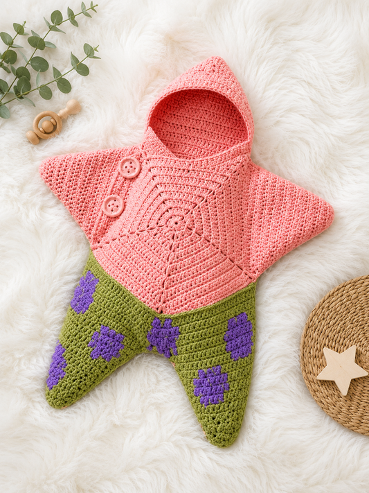 Luxury Handmade Crochet Star Baby Cocoon with Hood – Cozy Newborn Swaddle Sleep Sack | Available in Pink & Sage Green, Beige & Navy & Charcoal Black & Mocha Brown ✨