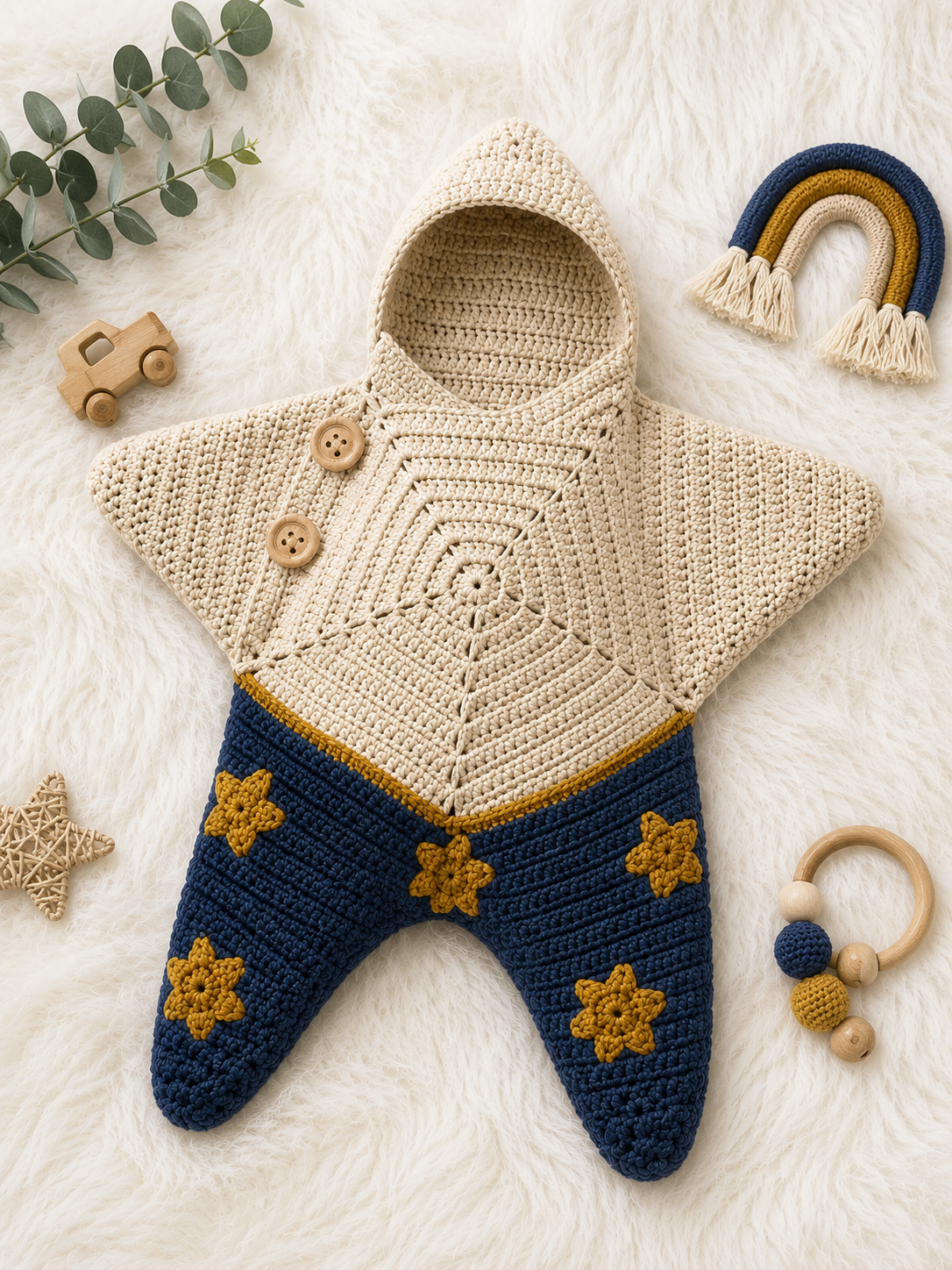 Luxury Handmade Crochet Star Baby Cocoon with Hood – Cozy Newborn Swaddle Sleep Sack | Available in Pink & Sage Green, Beige & Navy & Charcoal Black & Mocha Brown ✨