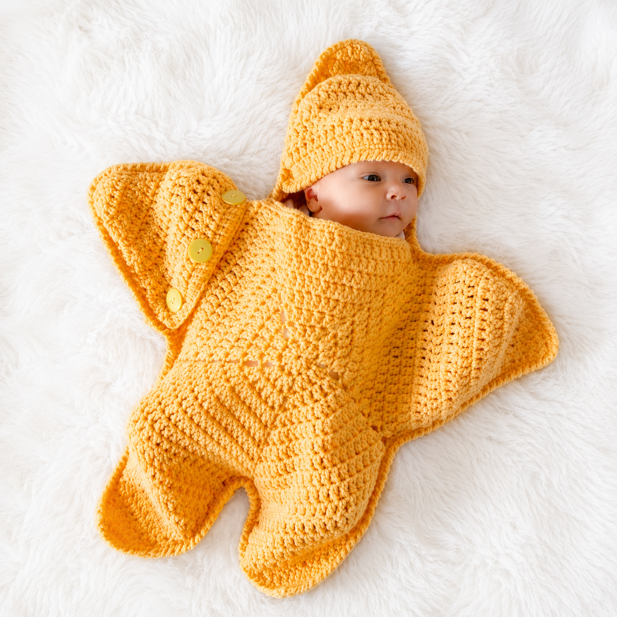 Premium Handmade Crochet Star Baby Cocoon with Hood – Soft Newborn Sleep Sack | Available in Off White & Mustard Yellow ⭐👶