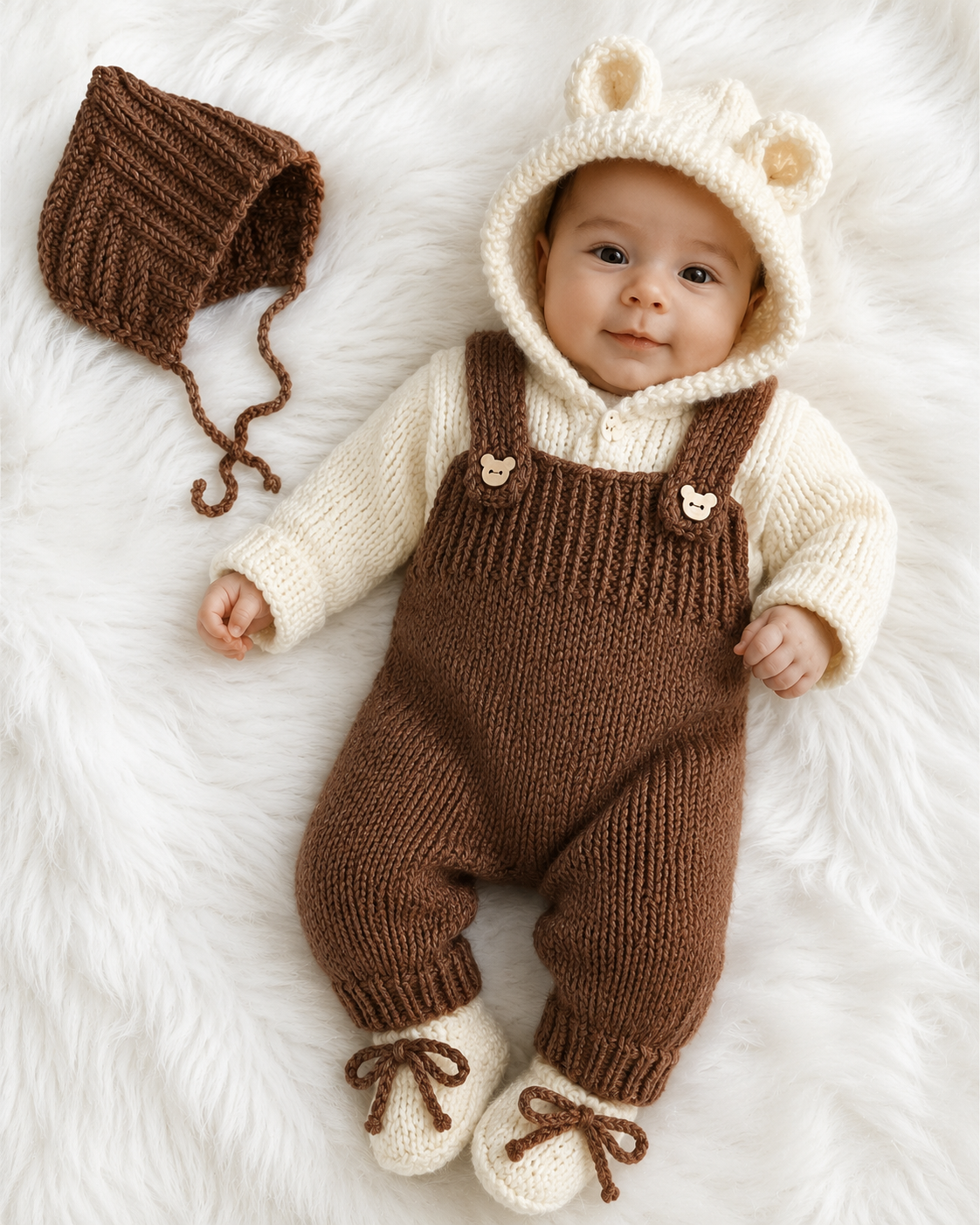 Luxury 4-Piece Handmade Crochet Baby Outfit Set – Bear Ear Hooded Cardigan, Romper, Bonnet & Booties | Soft Premium Winter Collection 🧸🤍