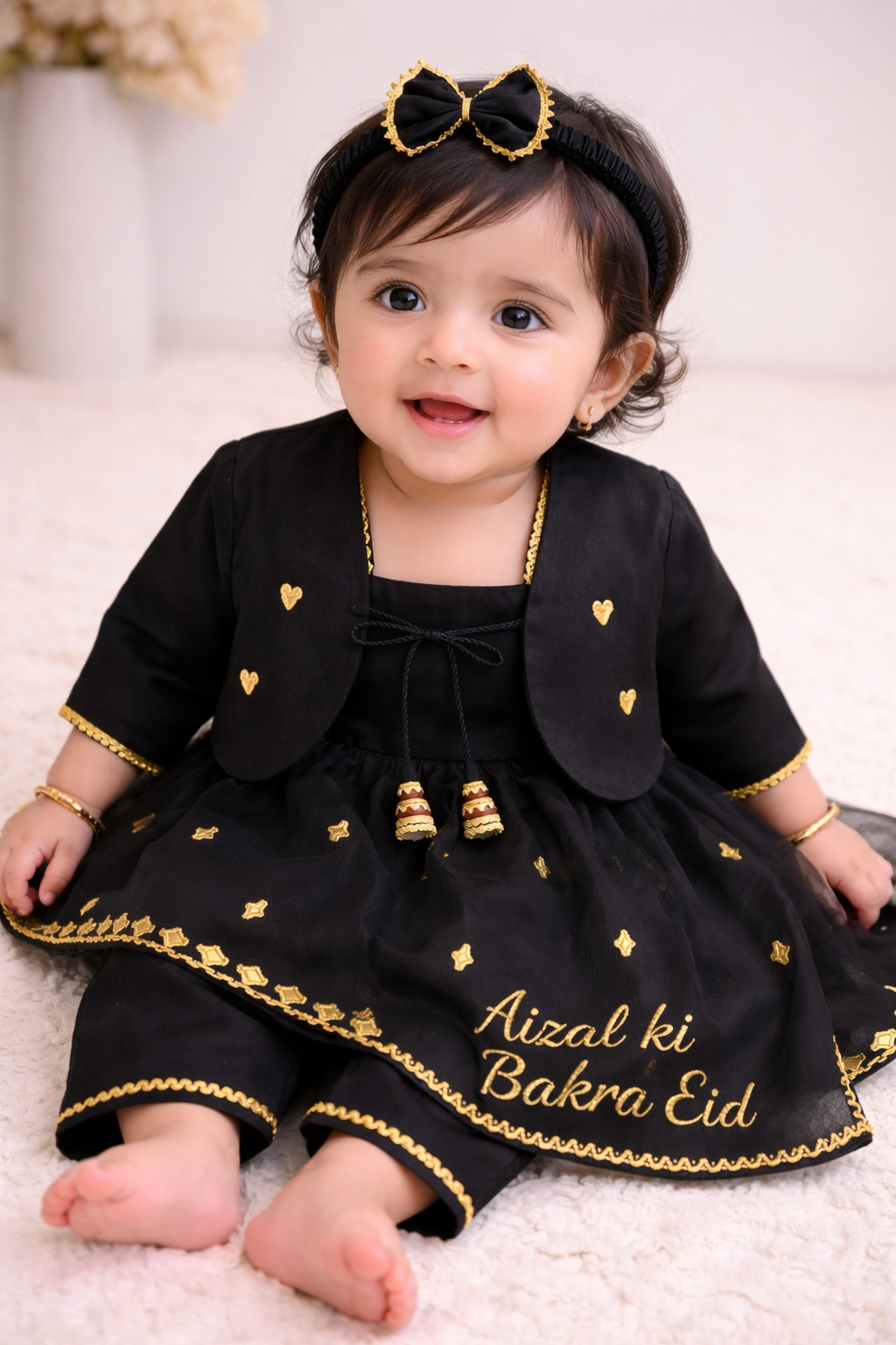 Elegant Black & Gold Baby Girl Dress Set with Customised Name Dupatta – Bakra Eid Special