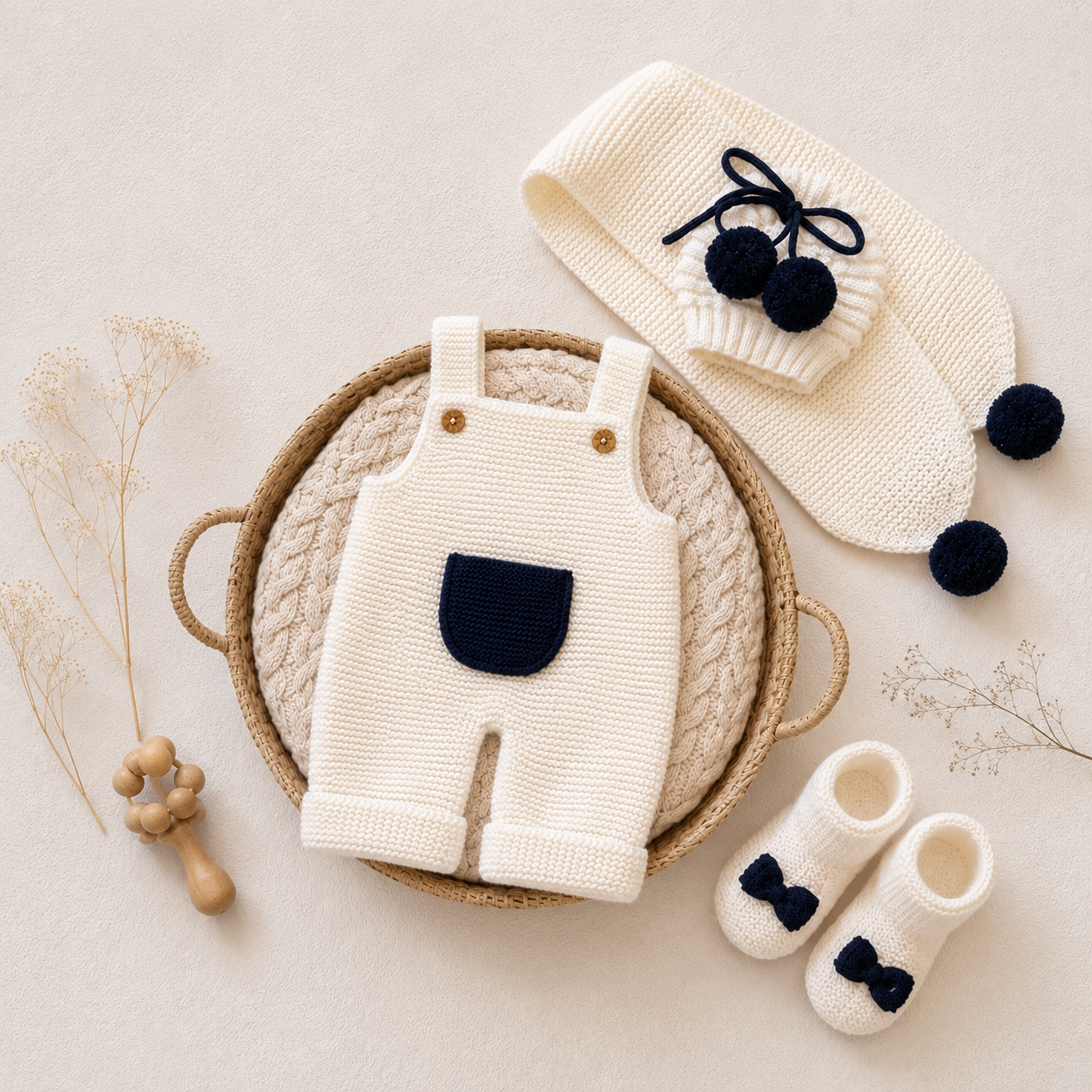 5 Piece Premium Handmade Baby Winter Woollen Set – Soft Crochet Romper, Hooded Cardigan, Cap, Muffler & Baby Shoes ❄️🧶