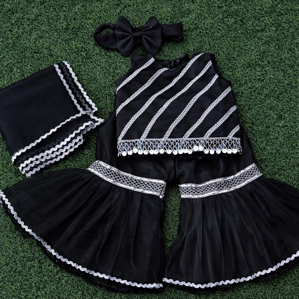 Elegant Festive Baby Sharara Set – Eid Special 👶✨ (Available in Red, Pink, Black, Orange & White)