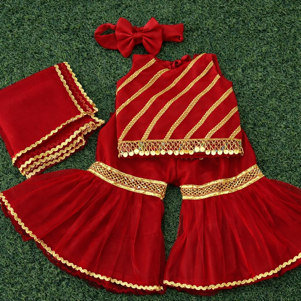 Elegant Festive Baby Sharara Set – Eid Special 👶✨ (Available in Red, Pink, Black, Orange & White)