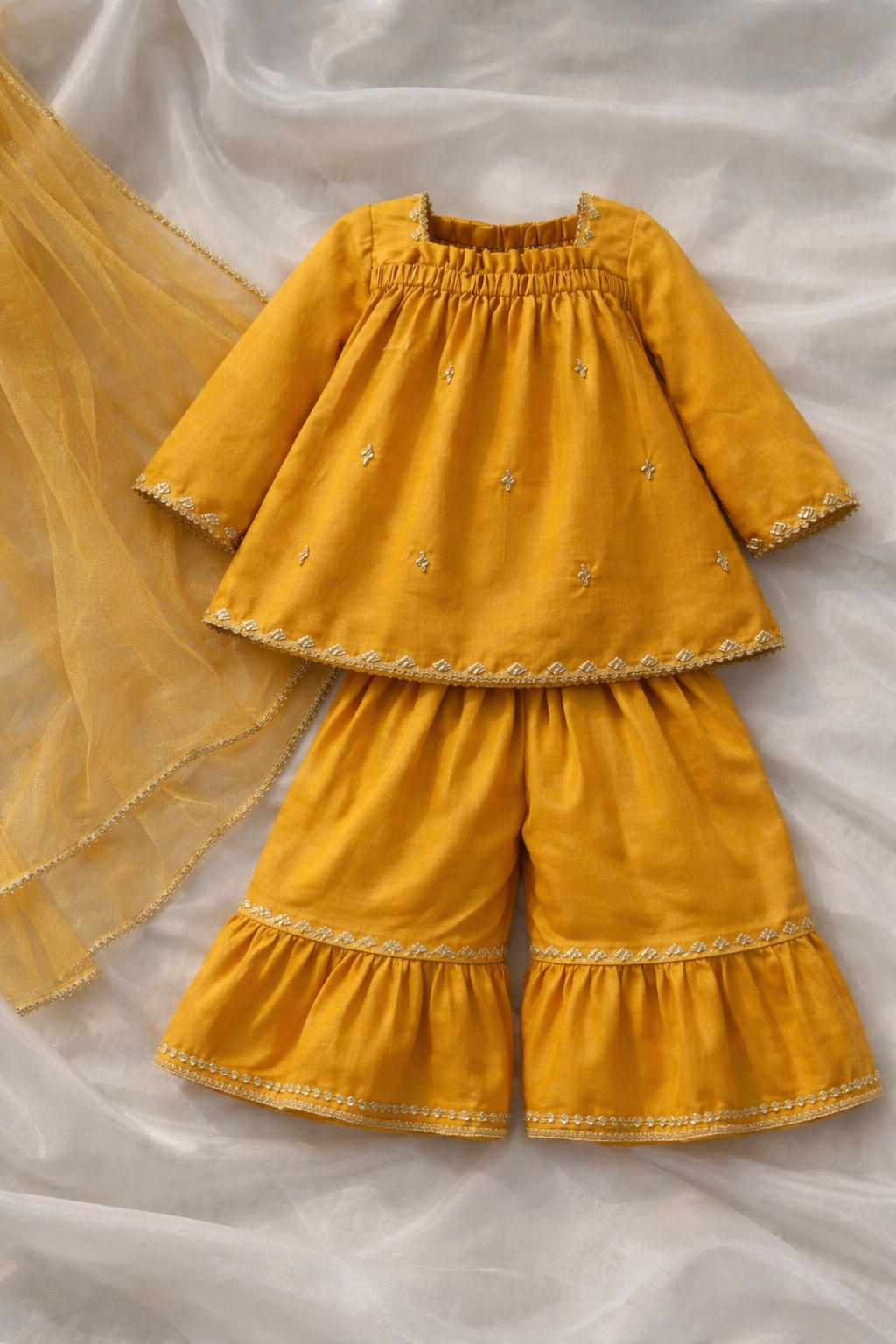Elegant Kids Festive Outfit – 3PCs Festive Set with Organza Dupatta (Purple, Golden, White)