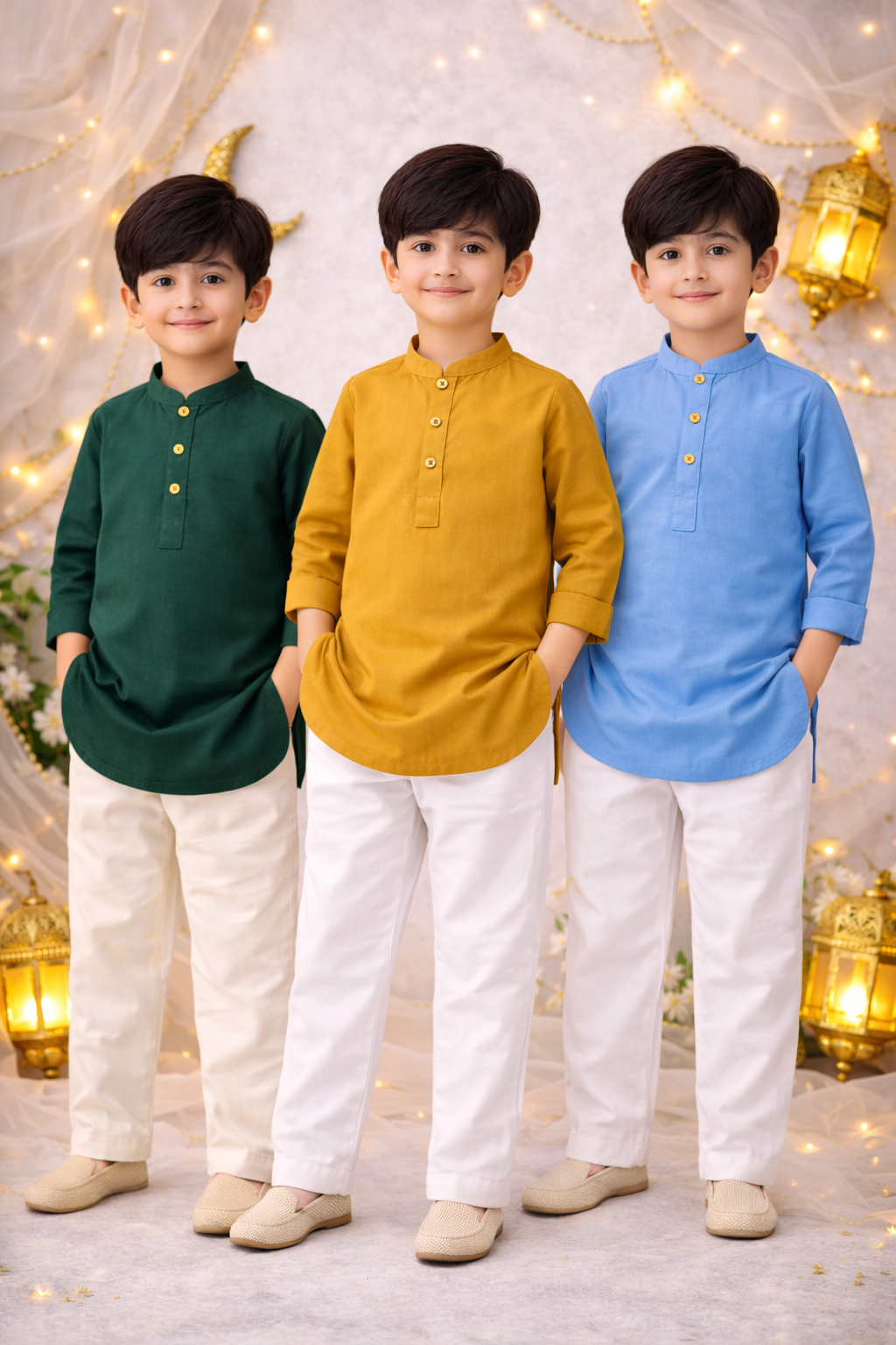 Custom Name Kids Eid Kurta Set – Pure Soft Summer Cotton with Personalised Embroidery | Available in White, Navy Blue, Golden, Green & Purple
