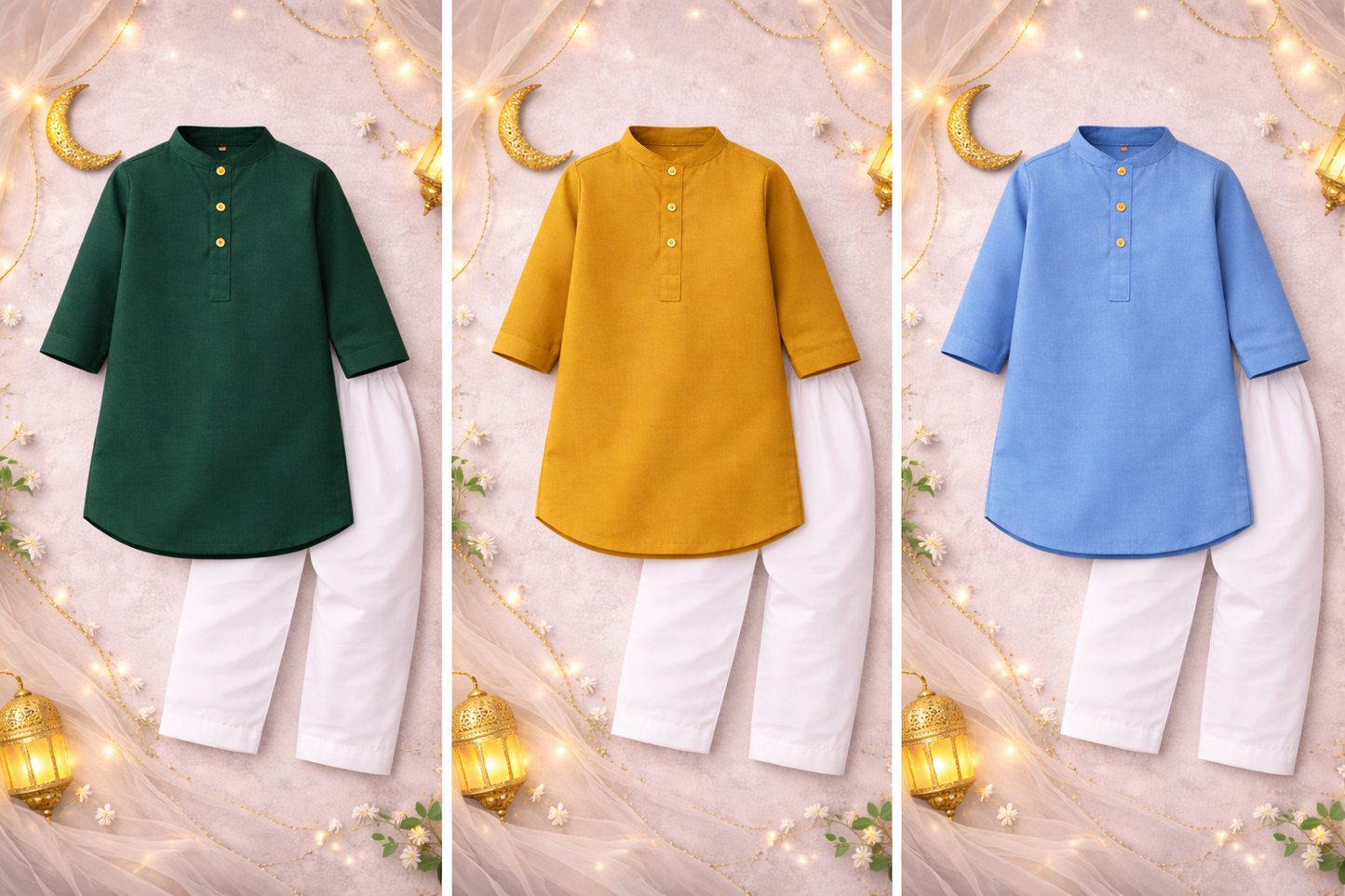 Custom Name Kids Eid Kurta Set – Pure Soft Summer Cotton with Personalised Embroidery | Available in White, Navy Blue, Golden, Green & Purple