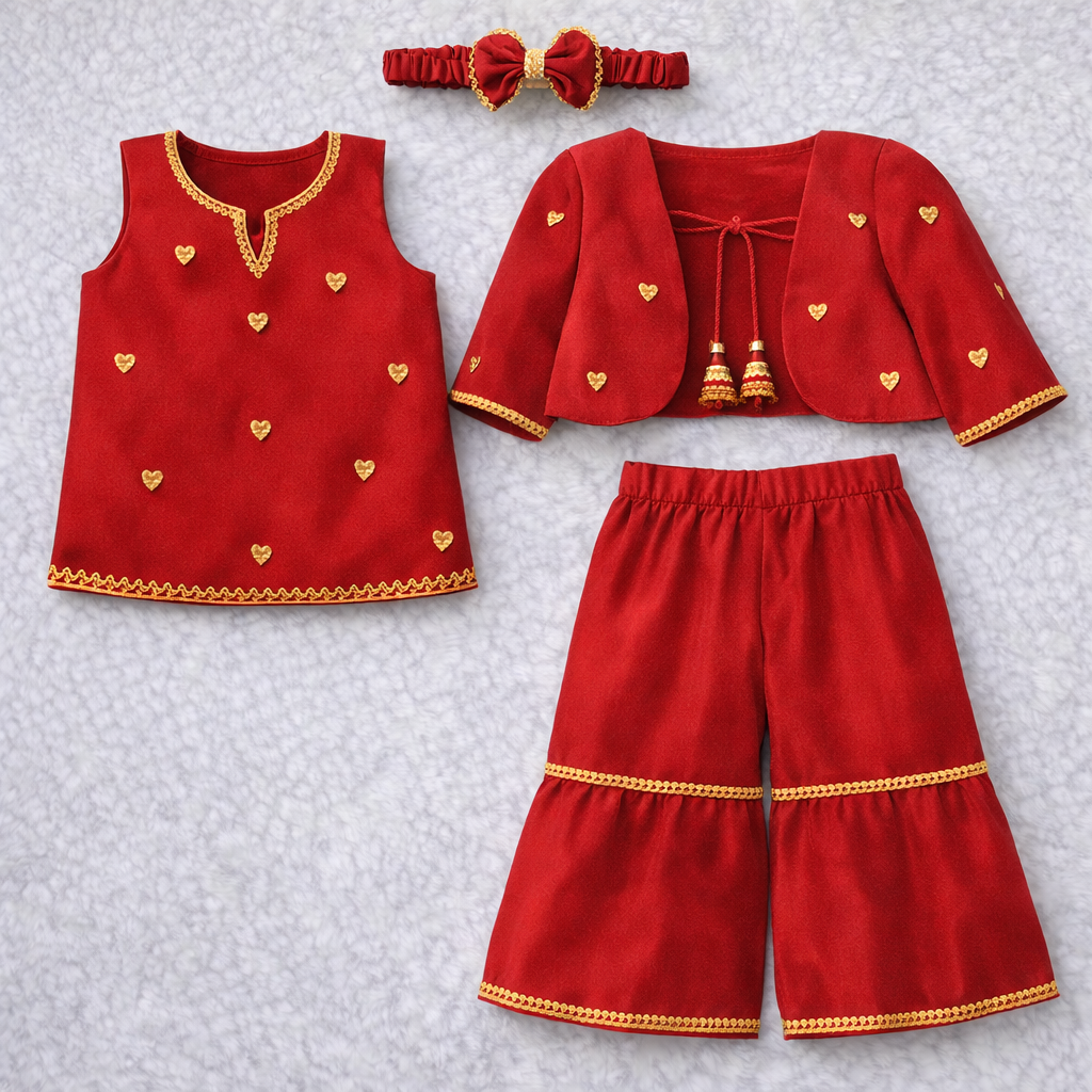 Festive Luxe Kids Outfit – 4PCs Set with Optional Customized Dupatta (Zinc, White, Red, Grey)