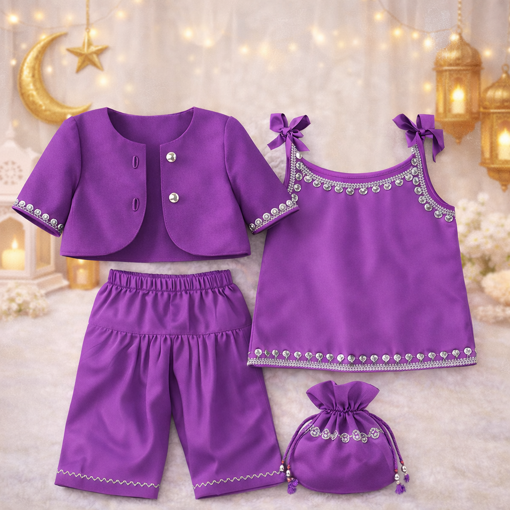 Luxury Handmade Baby Dress Set with Custom Name Dupatta – Bakra Eid Special 👶✨ (Available in Lilac, Purple & Black)