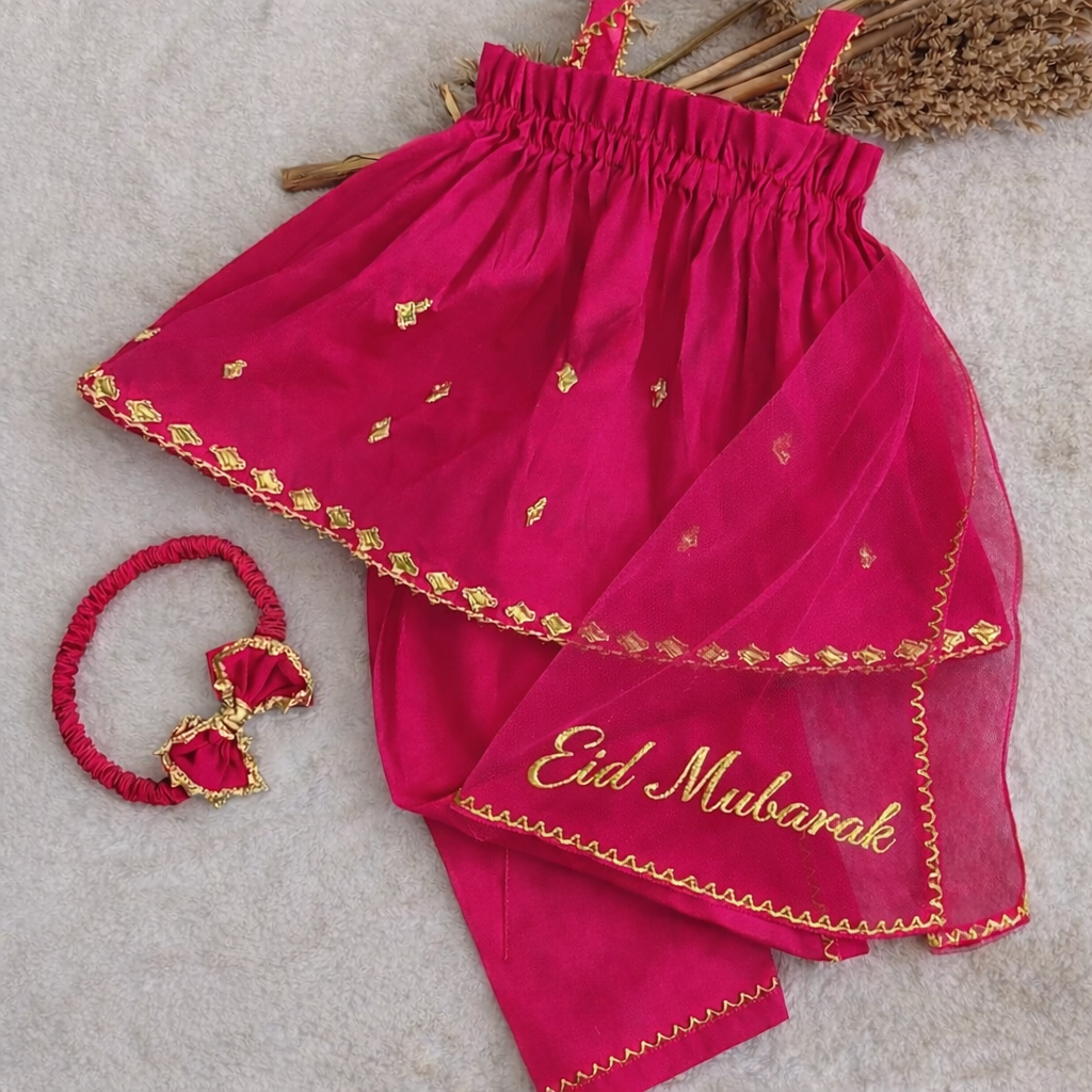Luxury Handmade Baby Dress Set with Eid Mubarak Dupatta – Bakra Eid Special 👶✨ (Shocking Pink, Black, Red & Maroon Available)