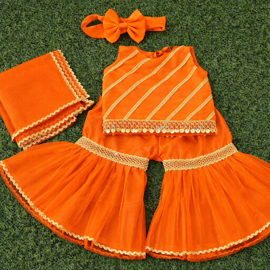 Elegant Festive Baby Sharara Set – Eid Special 👶✨ (Available in Red, Pink, Black, Orange & White)