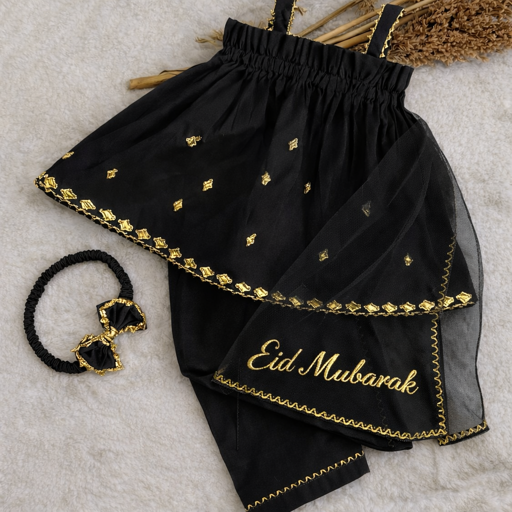 Luxury Handmade Baby Dress Set with Eid Mubarak Dupatta – Bakra Eid Special 👶✨ (Shocking Pink, Black, Red & Maroon Available)