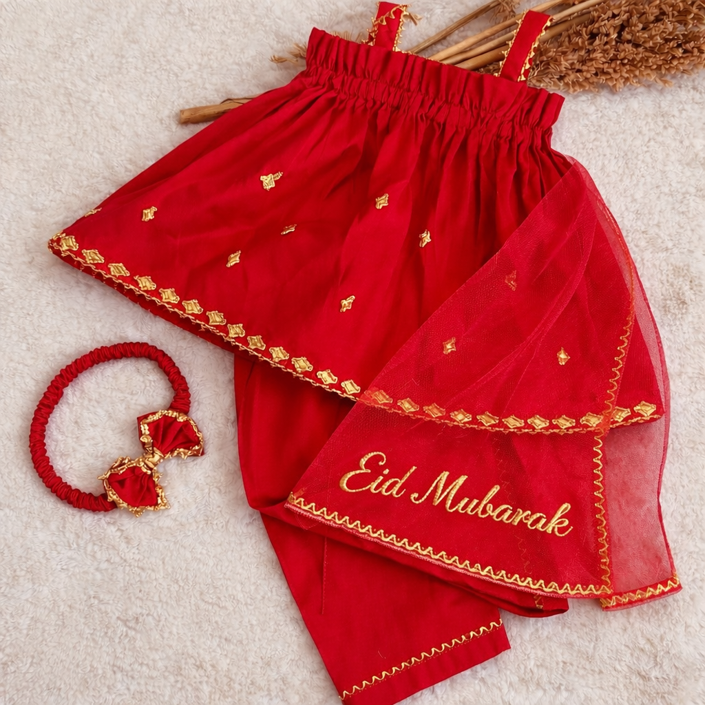Luxury Handmade Baby Dress Set with Eid Mubarak Dupatta – Bakra Eid Special 👶✨ (Shocking Pink, Black, Red & Maroon Available)