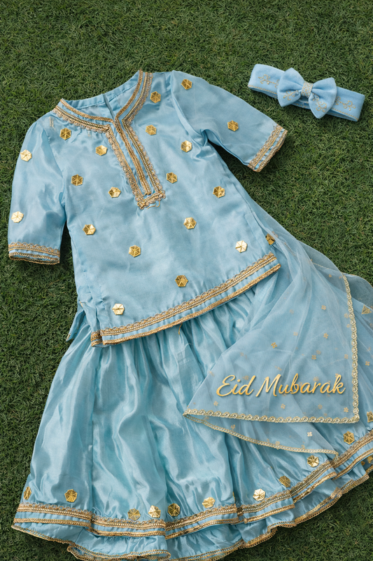 Premium Eid Kids Outfit – 4PCs Raw Silk Set with Organza Dupatta (Sky Blue, Black, Maroon)