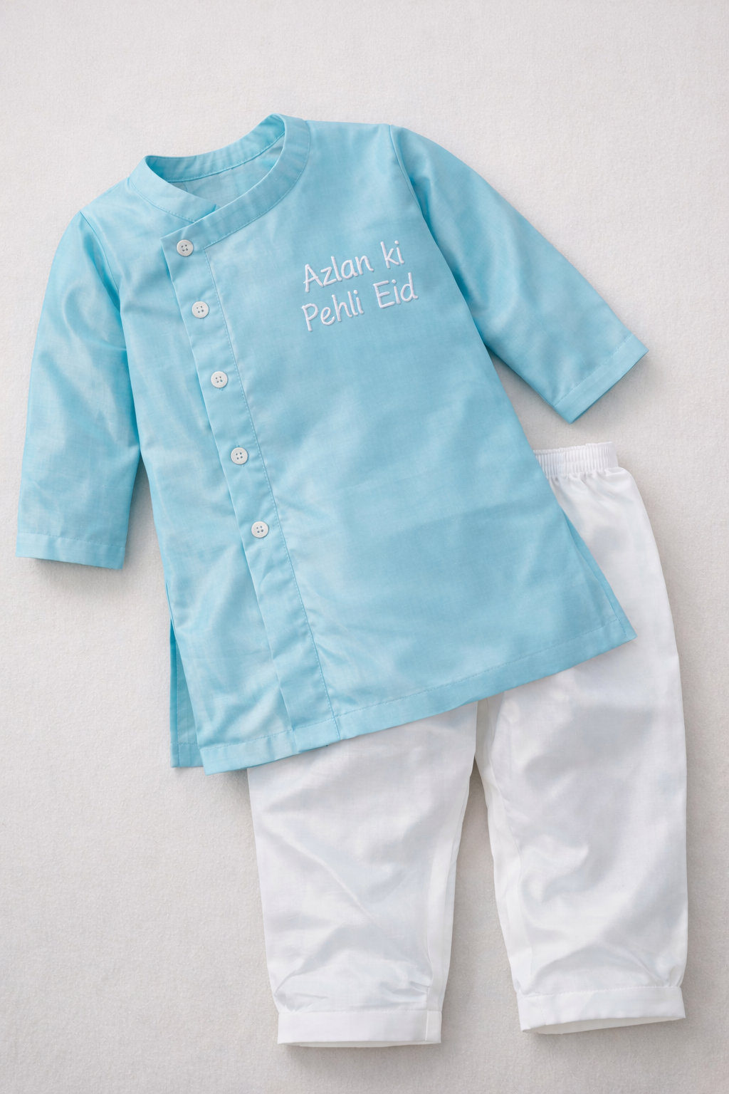 Custom Name Kids Eid Kurta Set – Pure Soft Cotton with Personalised Embroidery | Available in Red & Sky Blue